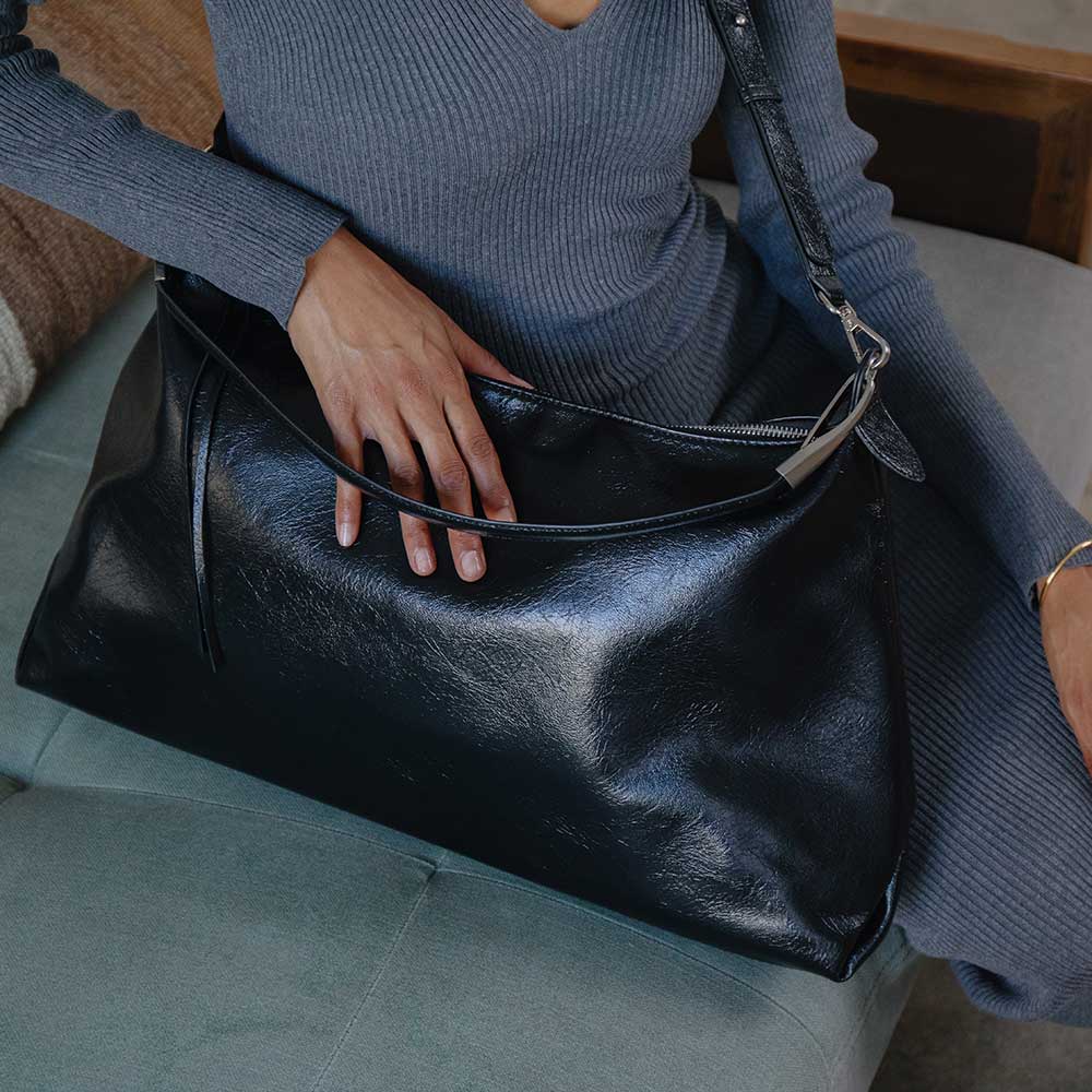 Melie Bianco Black Charlie Large Crinkly Recycled Vegan Leather Tote Bag