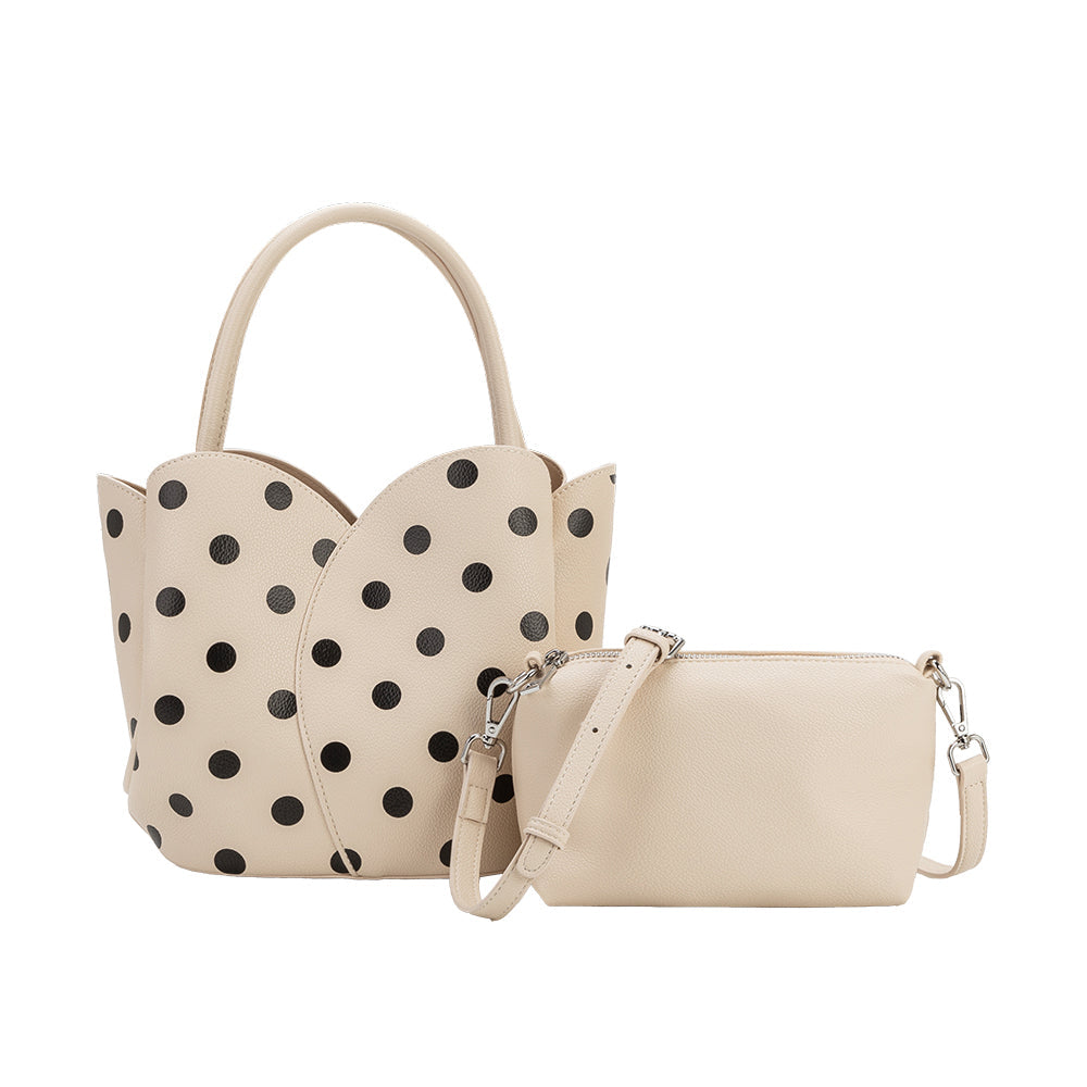 Melie Bianco Cream Tulip Polka Dot Recycled Vegan Leather Crossbody Top Handle Bag