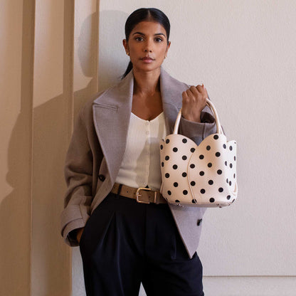 Melie Bianco Cream Tulip Polka Dot Recycled Vegan Leather Crossbody Top Handle Bag