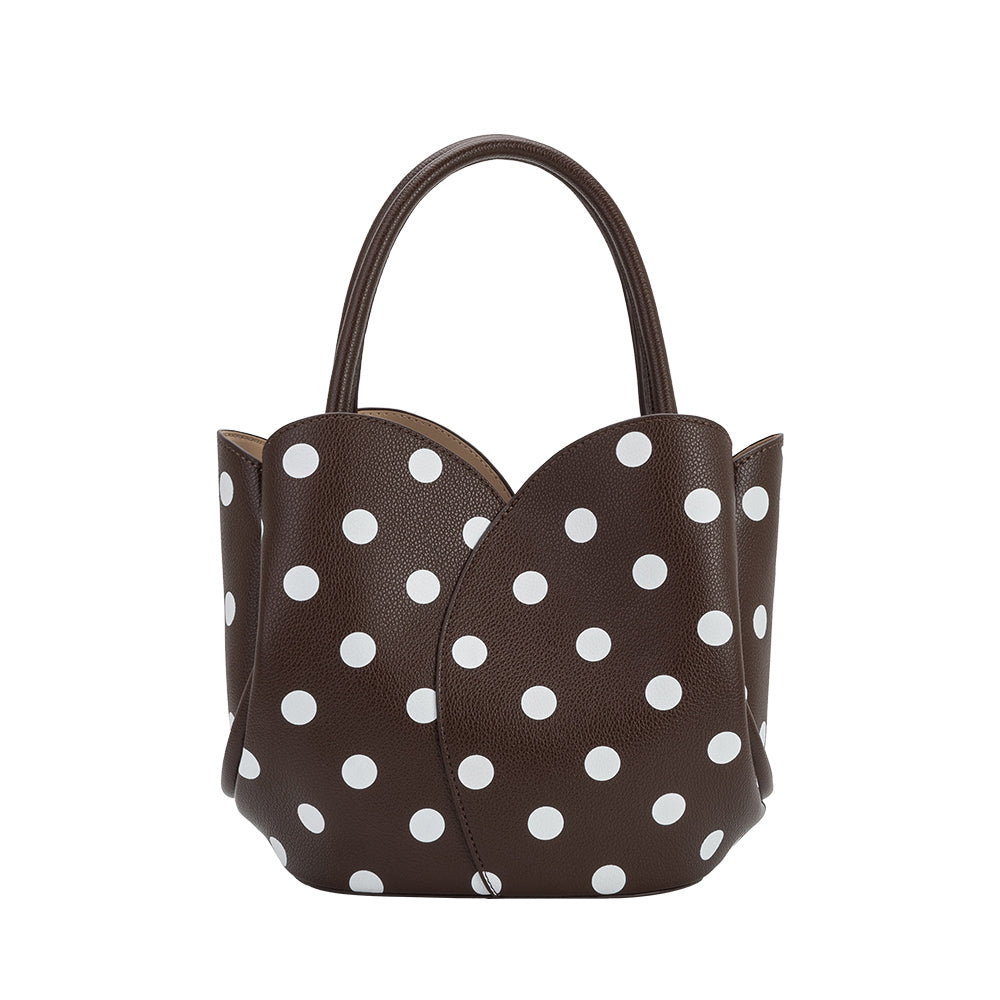 Melie Bianco Chocolate Tulip Polka Dot Recycled Vegan Leather Crossbody Top Handle Bag