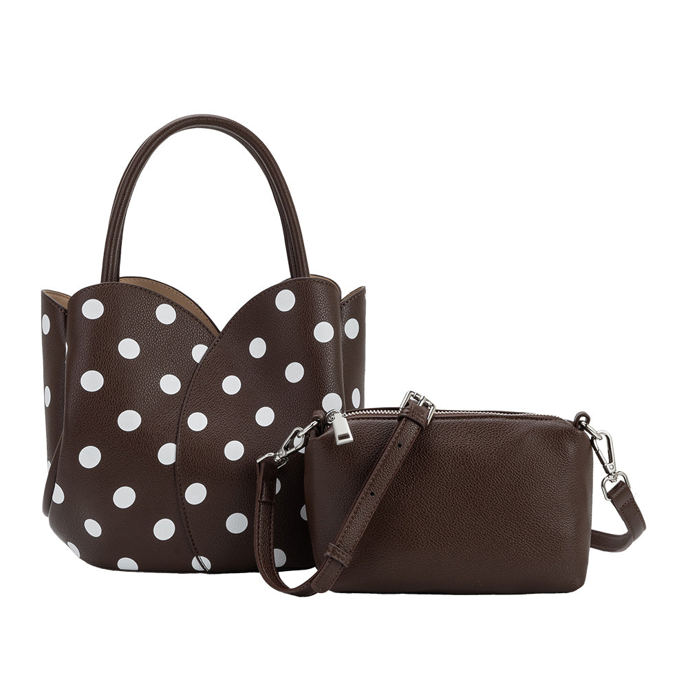 Melie Bianco Chocolate Tulip Polka Dot Recycled Vegan Leather Crossbody Top Handle Bag