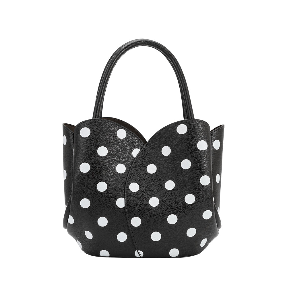 Melie Bianco Black Tulip Polka Dot Recycled Vegan Leather Crossbody Top Handle Bag