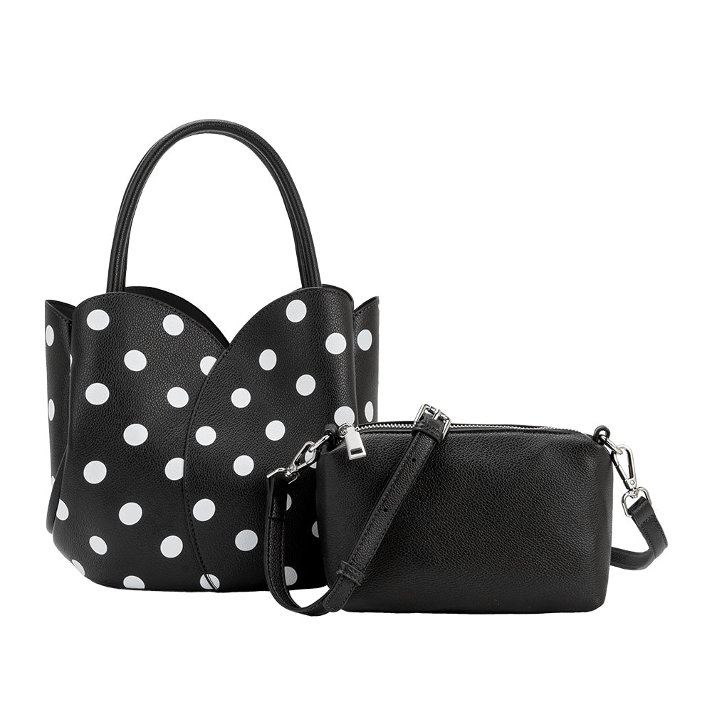 Melie Bianco Black Tulip Polka Dot Recycled Vegan Leather Crossbody Top Handle Bag