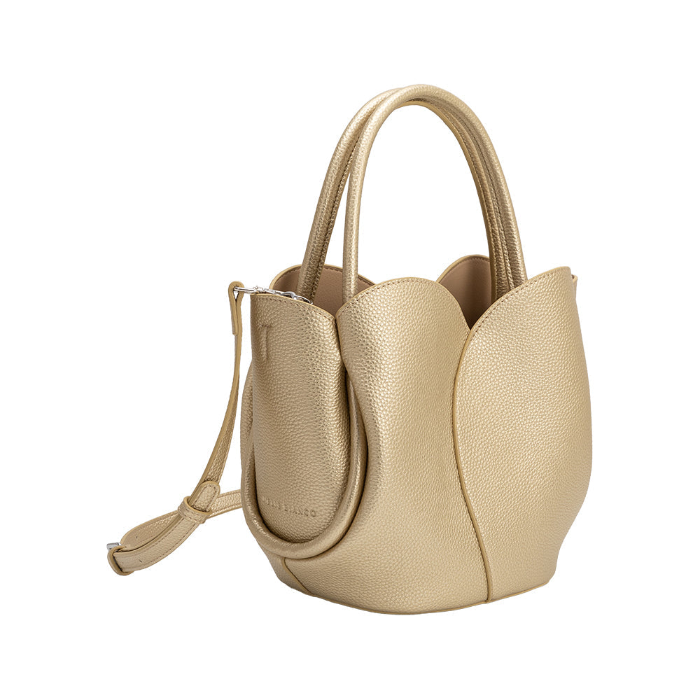 Melie Bianco Gold Tulip Recycled Vegan Leather Crossbody Top Handle Bag