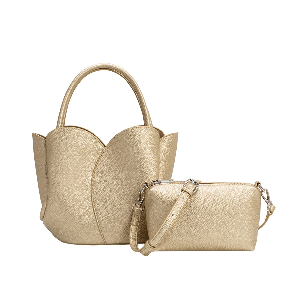Melie Bianco Gold Tulip Recycled Vegan Leather Crossbody Top Handle Bag