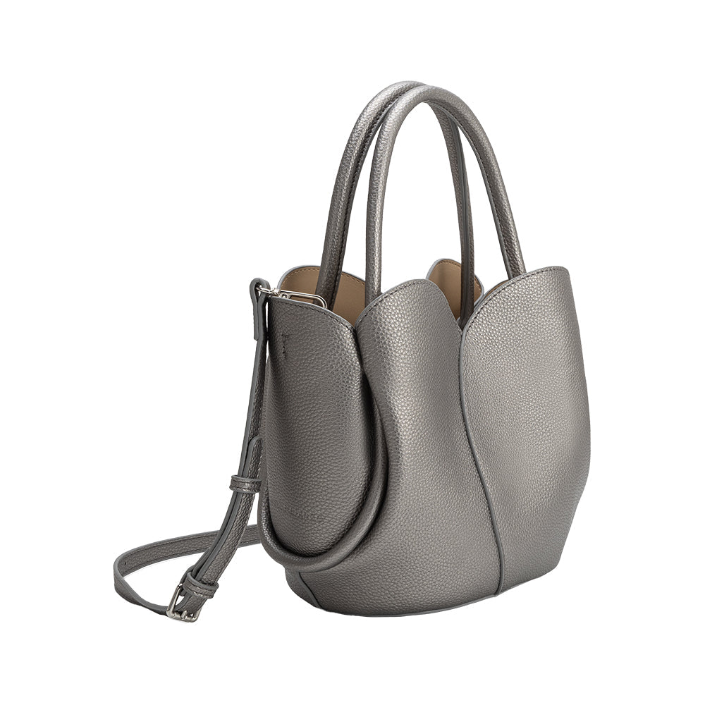Melie Bianco Pewter Tulip Recycled Vegan Leather Crossbody Top Handle Bag