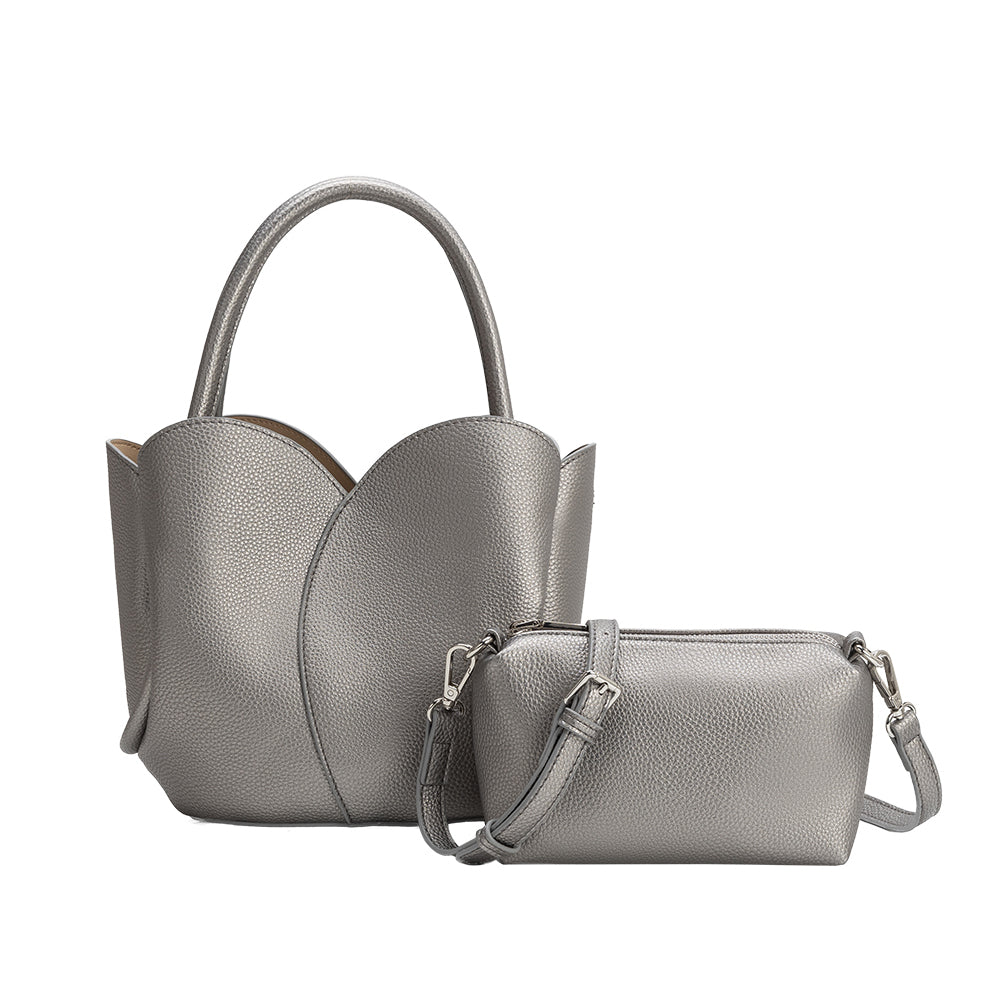 Melie Bianco Pewter Tulip Recycled Vegan Leather Crossbody Top Handle Bag