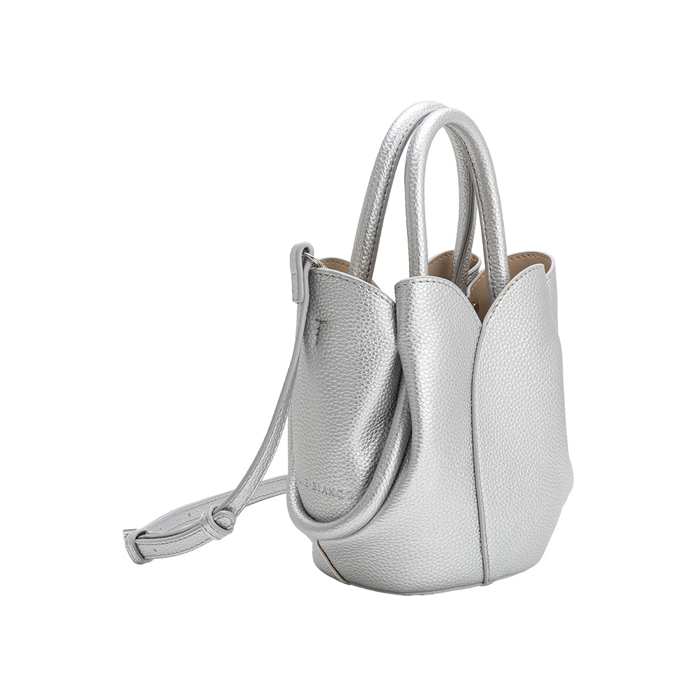 Melie Bianco Metallic Silver Tulip Mini Recycled Vegan Leather Top Handle Bag