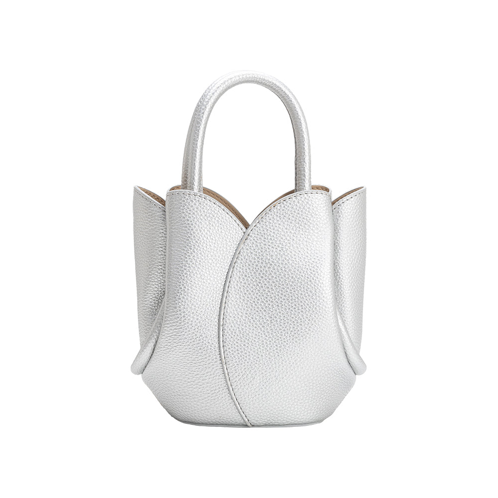 Melie Bianco Metallic Silver Tulip Mini Recycled Vegan Leather Top Handle Bag