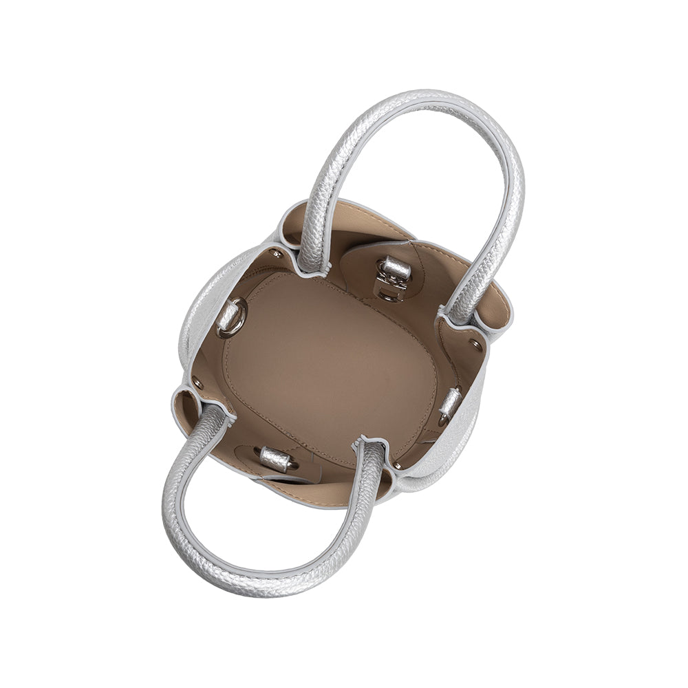 Melie Bianco Metallic Silver Tulip Mini Recycled Vegan Leather Top Handle Bag