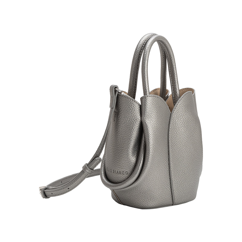 Melie Bianco Metallic Pewter Tulip Mini Recycled Vegan Leather Top Handle Bag