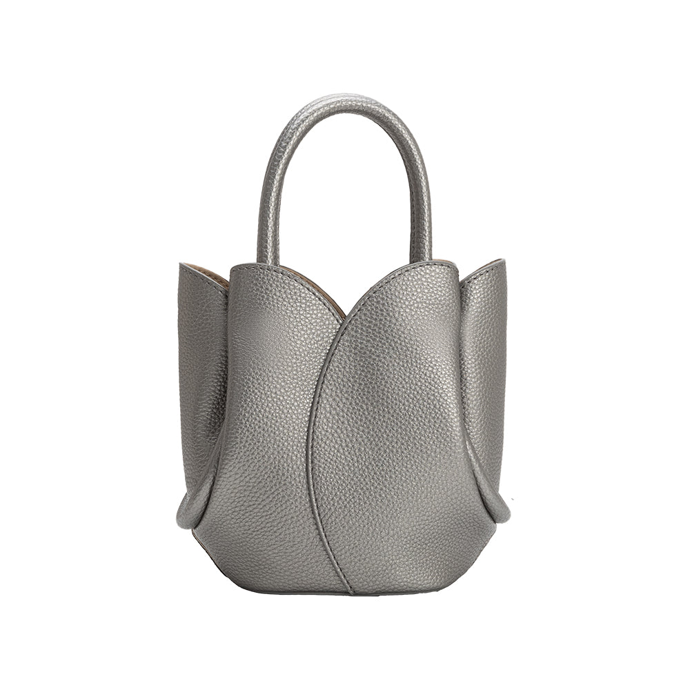Melie Bianco Metallic Pewter Tulip Mini Recycled Vegan Leather Top Handle Bag