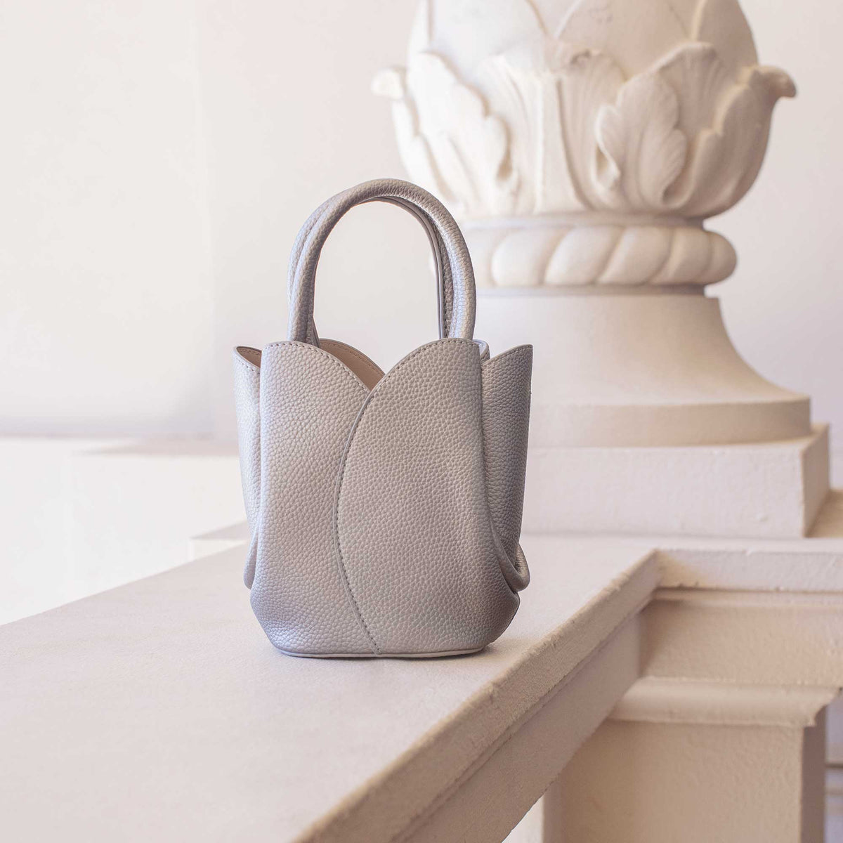 Melie Bianco Metallic Pewter Tulip Mini Recycled Vegan Leather Top Handle Bag