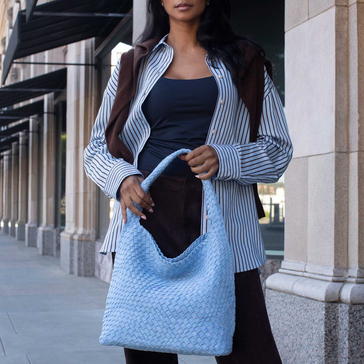 Melie Bianco Chambray Johanna Large Recycled Vegan Suede Shoulder Bag