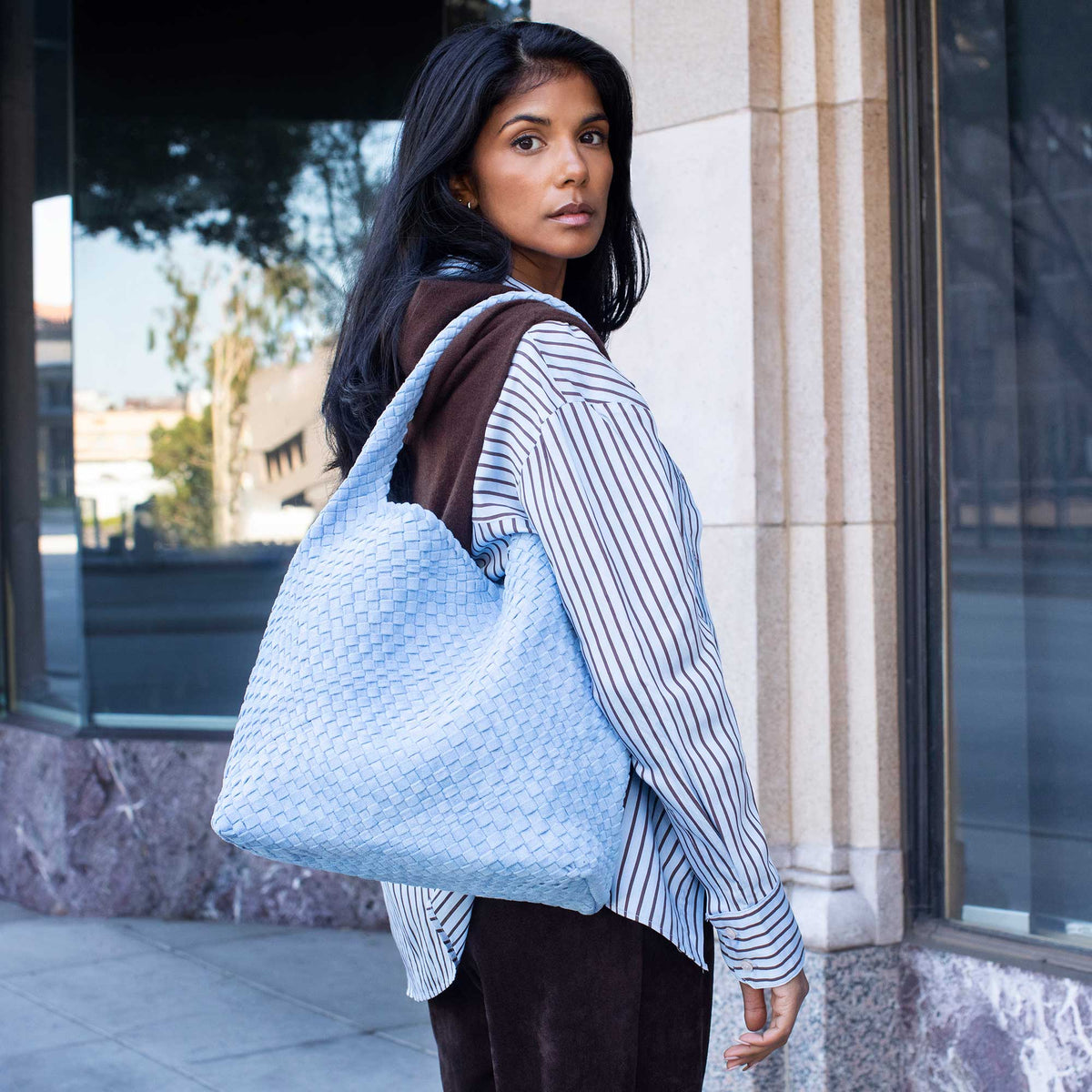 Melie Bianco Chambray Johanna Large Recycled Vegan Suede Shoulder Bag