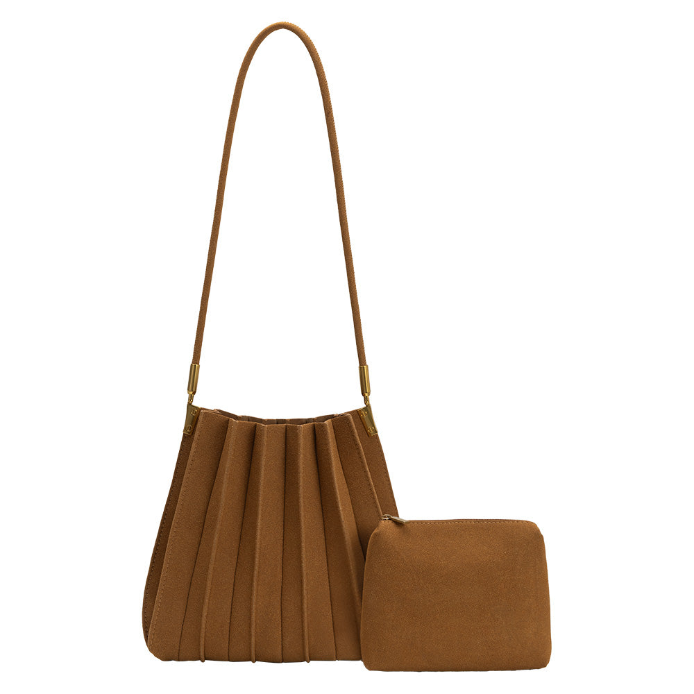 Melie Bianco Camel Carrie Medium Vegan Suede Pleated Shoulder Bag