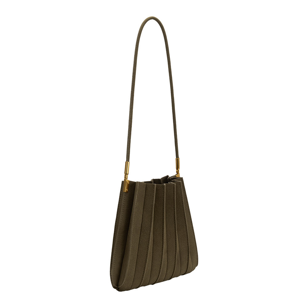 Melie Bianco Olive Carrie Medium Vegan Suede Pleated Shoulder Bag