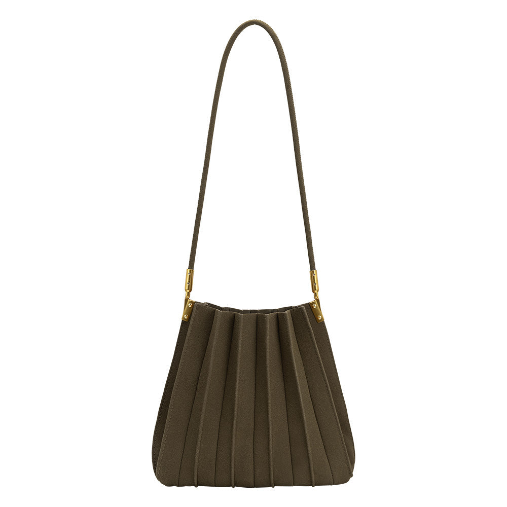 Melie Bianco Olive Carrie Medium Vegan Suede Pleated Shoulder Bag