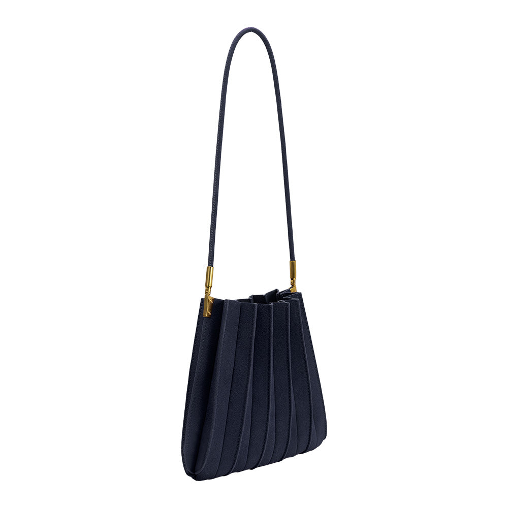 Melie Bianco Navy Carrie Medium Vegan Suede Pleated Shoulder Bag