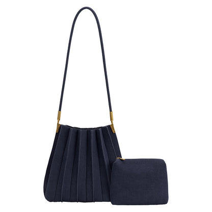Melie Bianco Navy Carrie Medium Vegan Suede Pleated Shoulder Bag