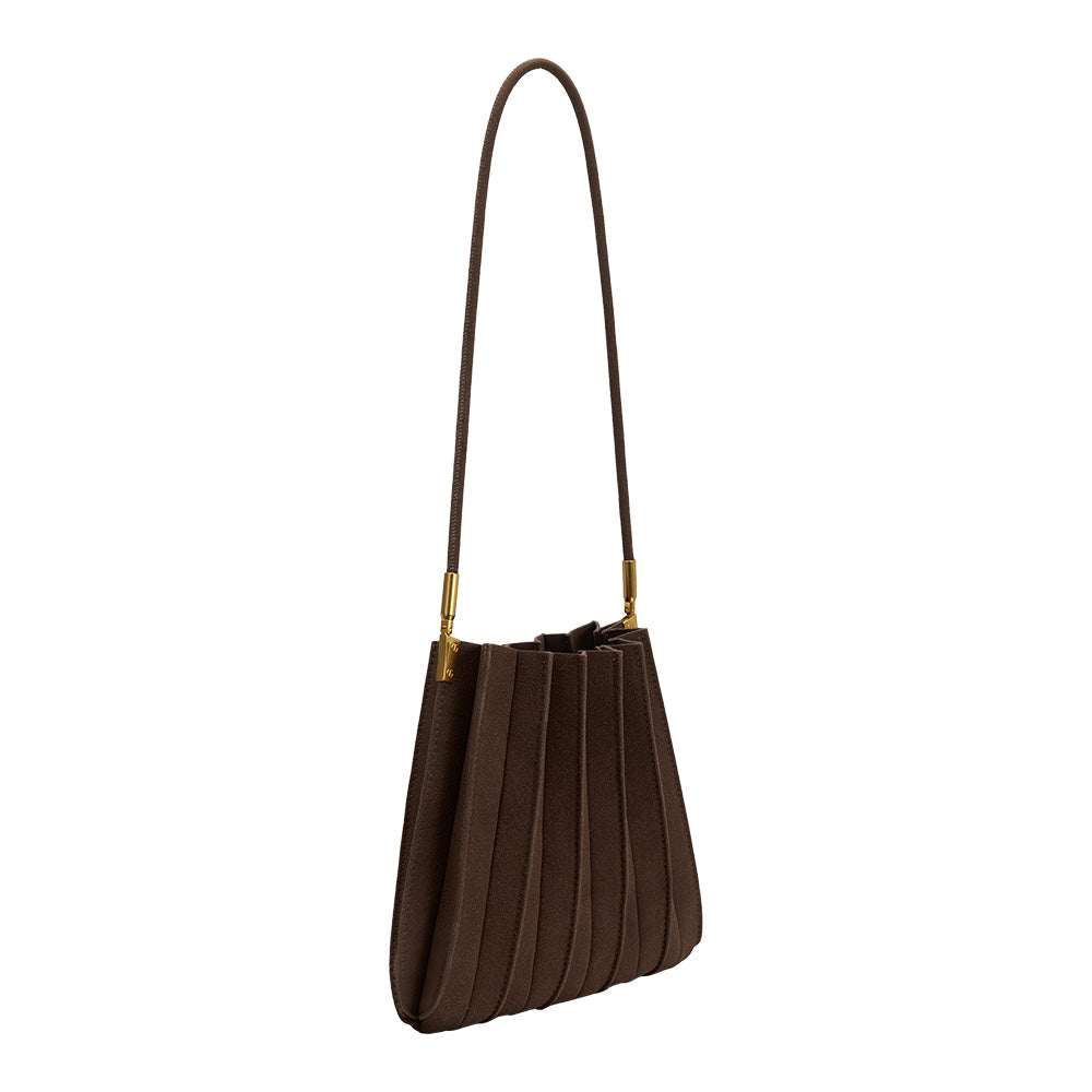 Melie Bianco Chocolate Carrie Medium Vegan Suede Pleated Shoulder Bag