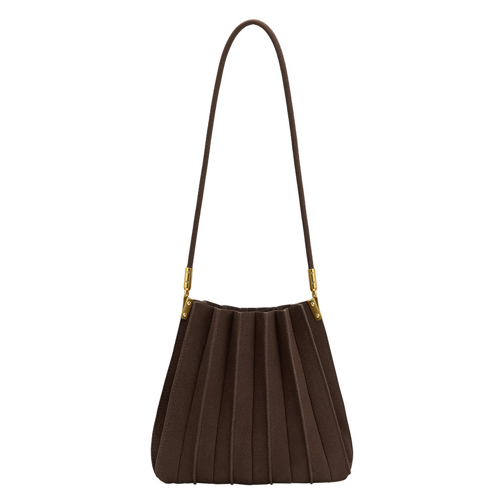 Melie Bianco Chocolate Carrie Medium Vegan Suede Pleated Shoulder Bag