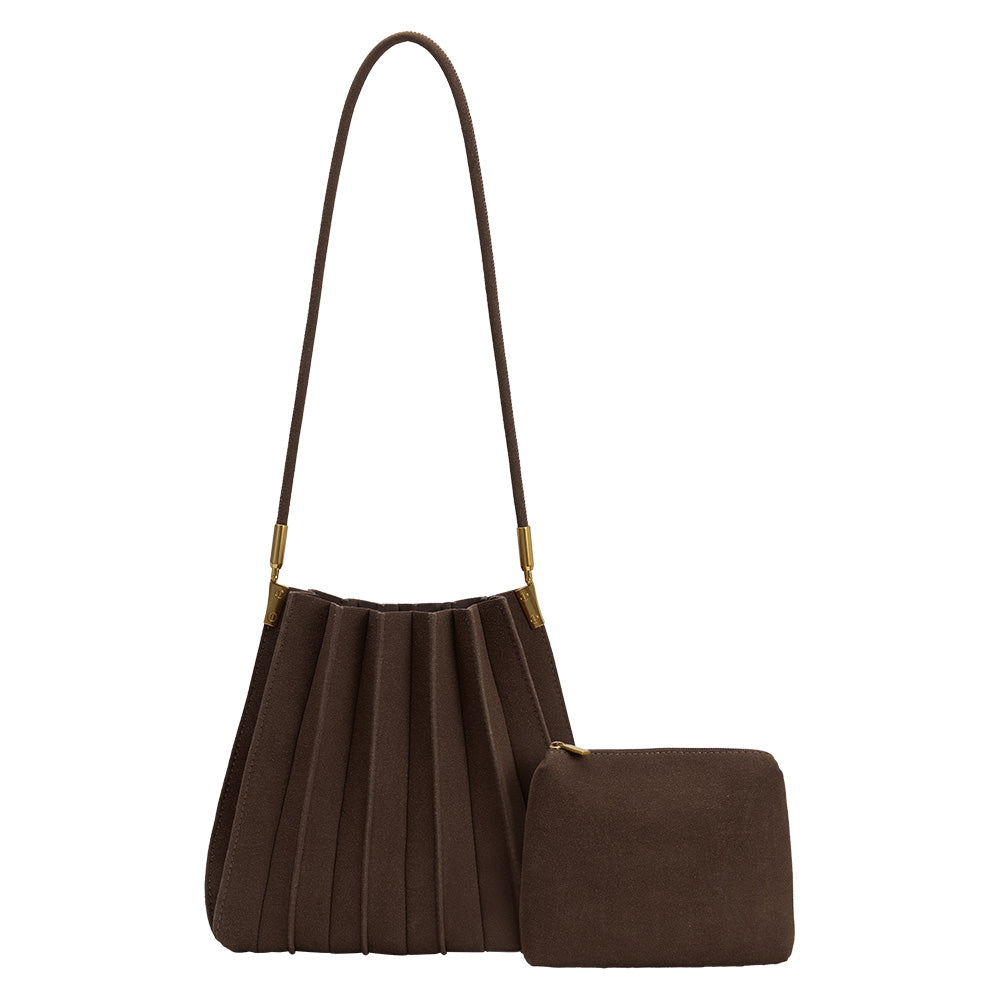 Melie Bianco Chocolate Carrie Medium Vegan Suede Pleated Shoulder Bag