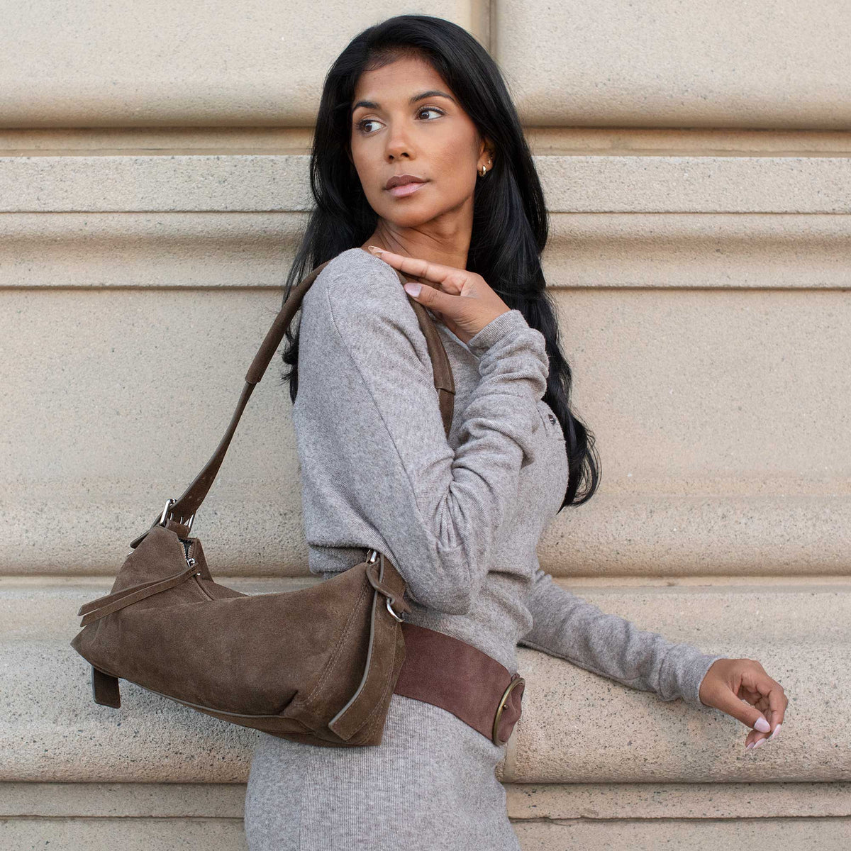 Melie Bianco Olive Valeria Recycled Vegan Suede Shoulder Bag