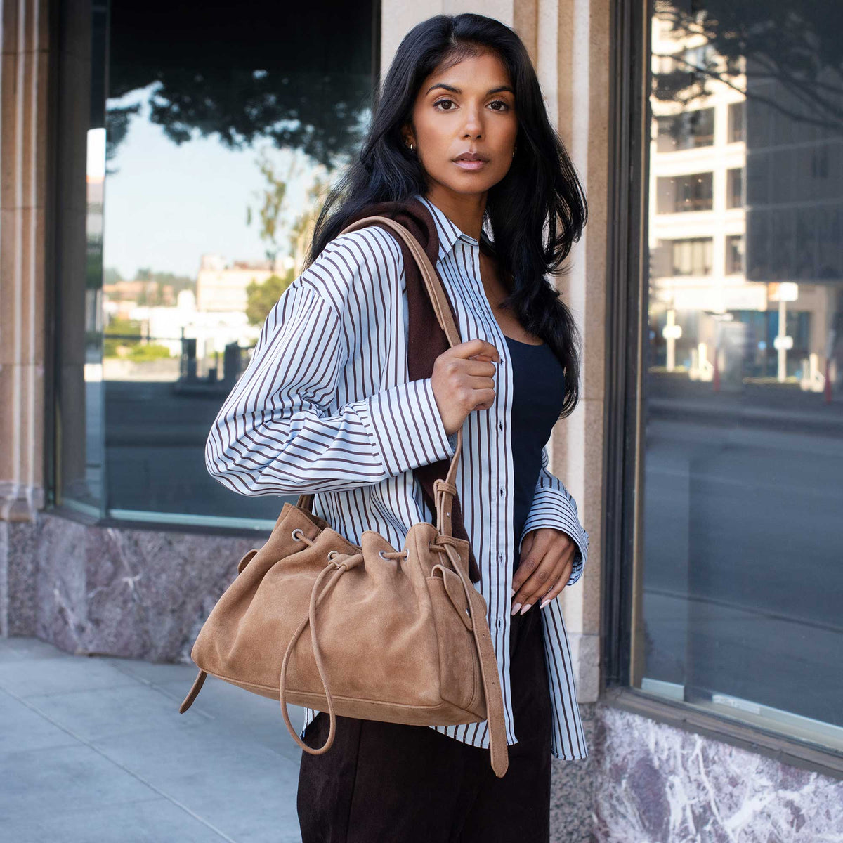 Melie Bianco Camel Rhuby Recycled Vegan Suede Shoulder Bag
