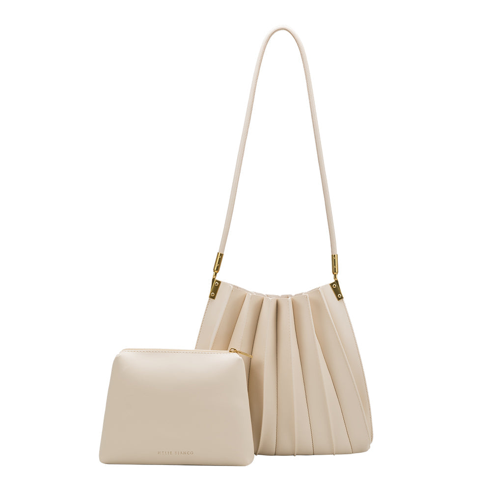 Melie Bianco Ivory Carrie Medium Vegan Leather Pleated Shoulder Bag