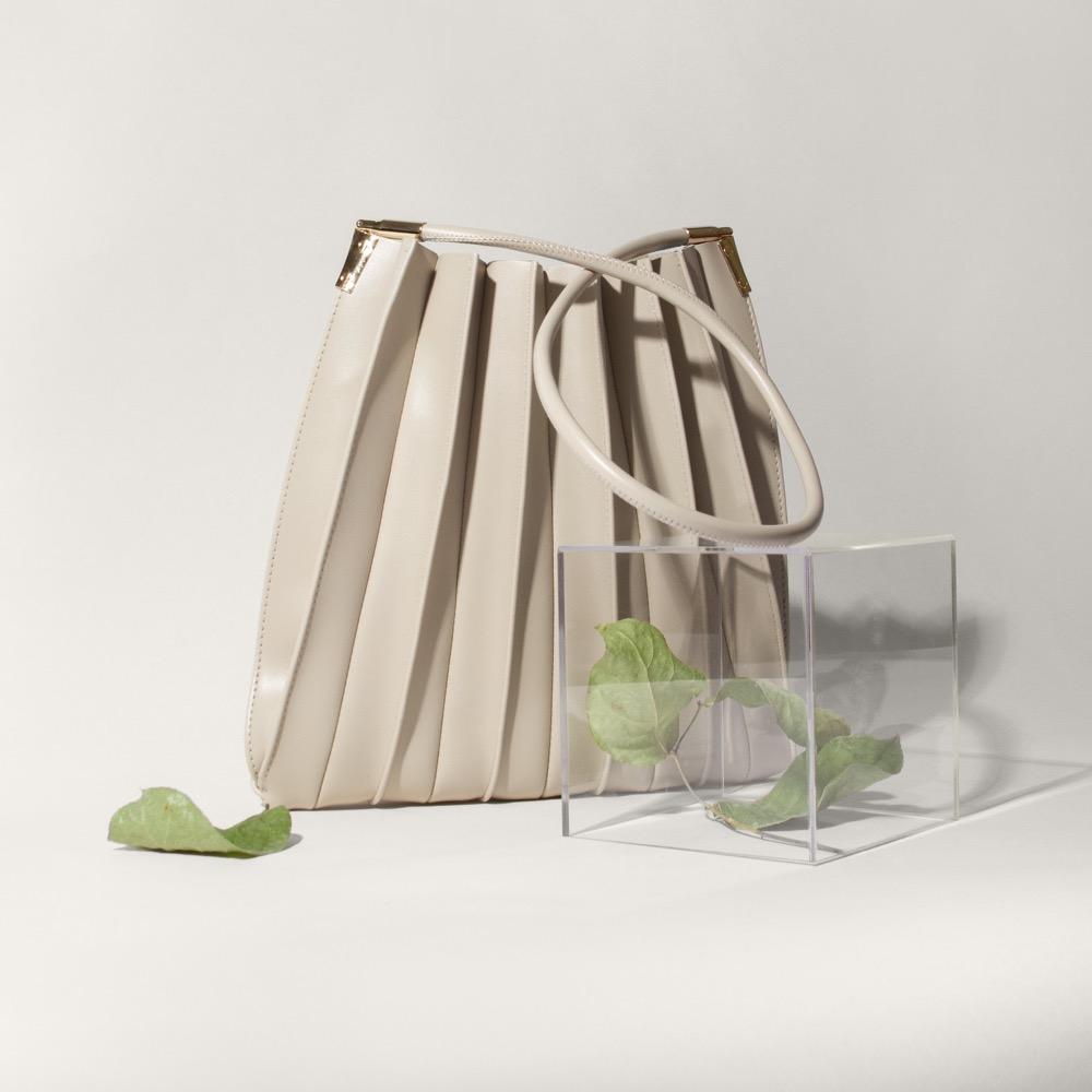 Melie Bianco Bone Carrie Medium Vegan Leather Pleated Shoulder Bag