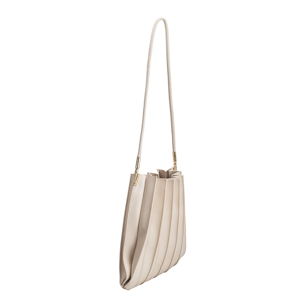 Melie Bianco Bone Carrie Medium Vegan Leather Pleated Shoulder Bag