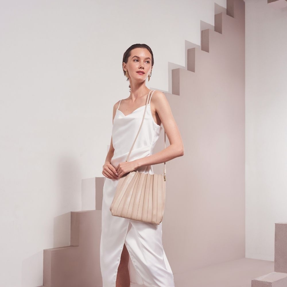 Melie Bianco Bone Carrie Medium Vegan Leather Pleated Shoulder Bag