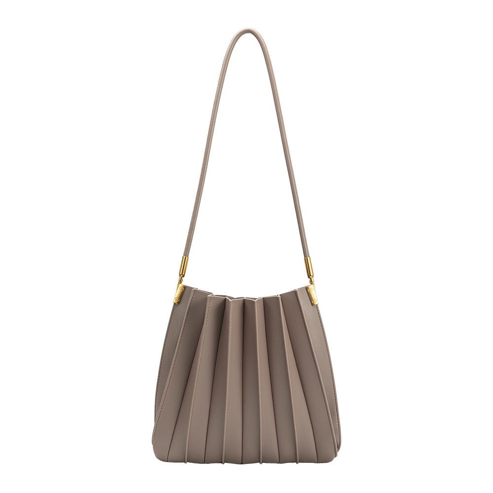 Melie Bianco Mushroom Carrie Medium Vegan Leather Pleated Shoulder Bag
