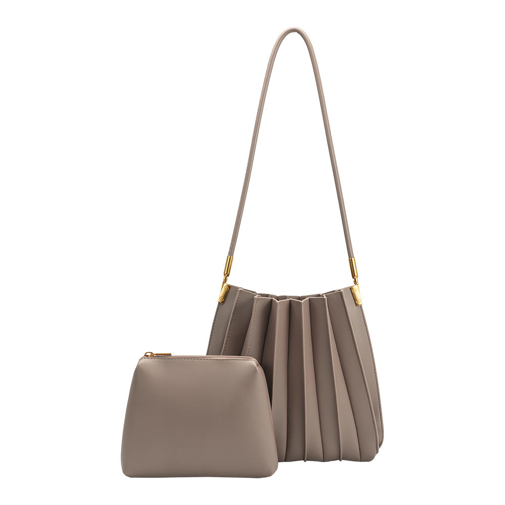 Melie Bianco Mushroom Carrie Medium Vegan Leather Pleated Shoulder Bag