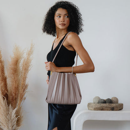 Melie Bianco Mushroom Carrie Medium Vegan Leather Pleated Shoulder Bag
