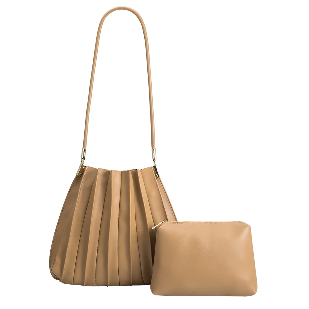 Melie Bianco Taupe Carrie Medium Vegan Leather Pleated Shoulder Bag
