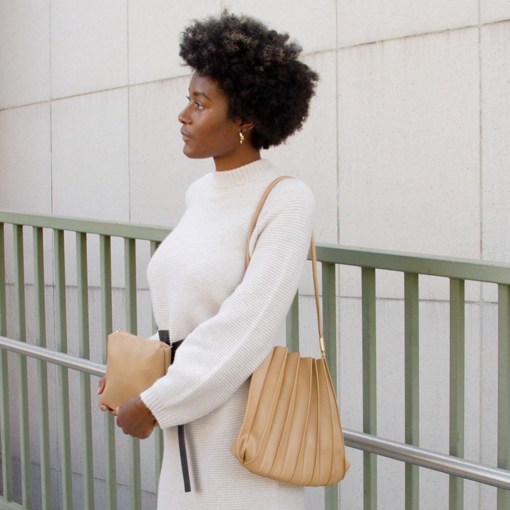 Melie Bianco Taupe Carrie Medium Vegan Leather Pleated Shoulder Bag