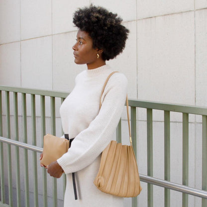 Melie Bianco Taupe Carrie Medium Vegan Leather Pleated Shoulder Bag