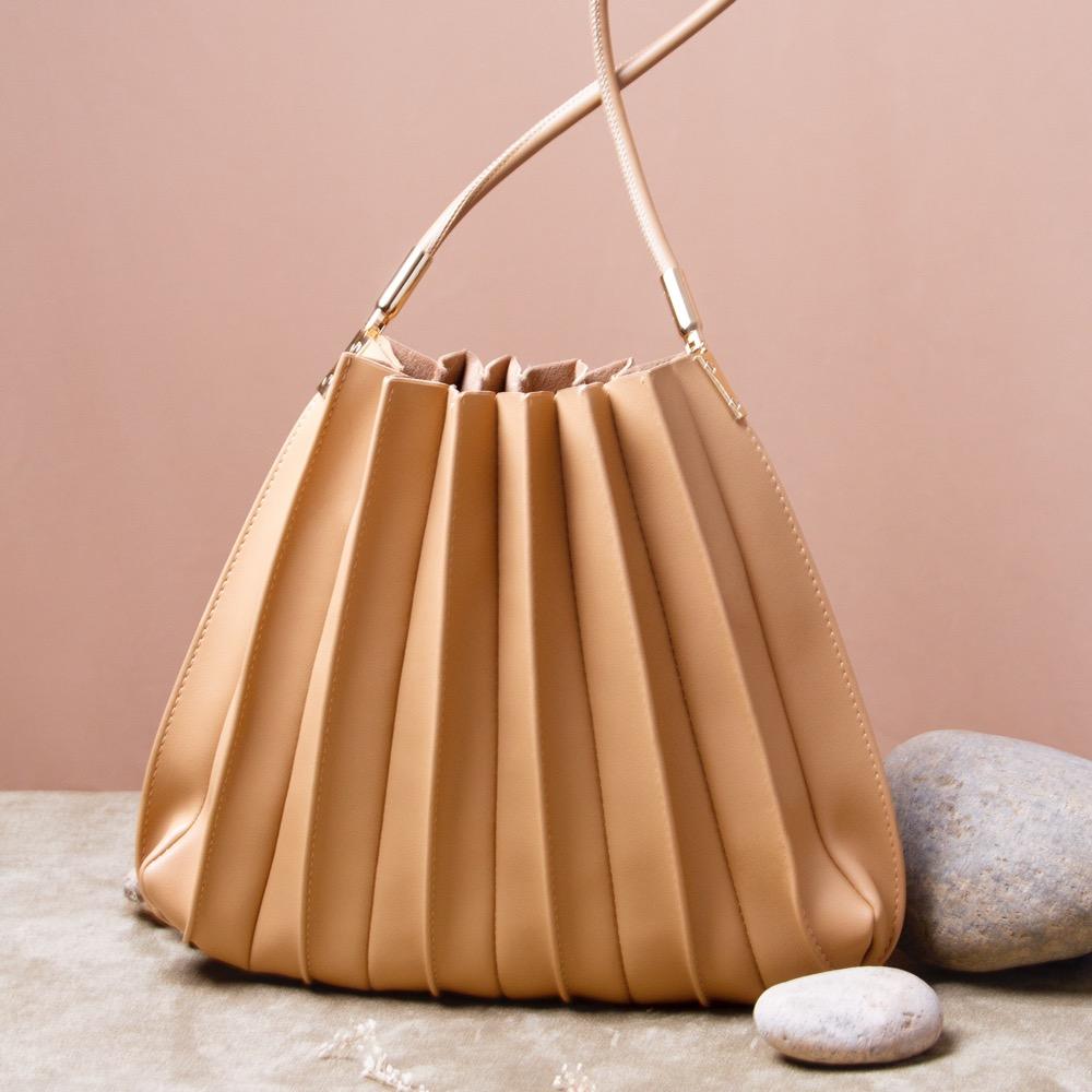 Melie Bianco Taupe Carrie Medium Vegan Leather Pleated Shoulder Bag