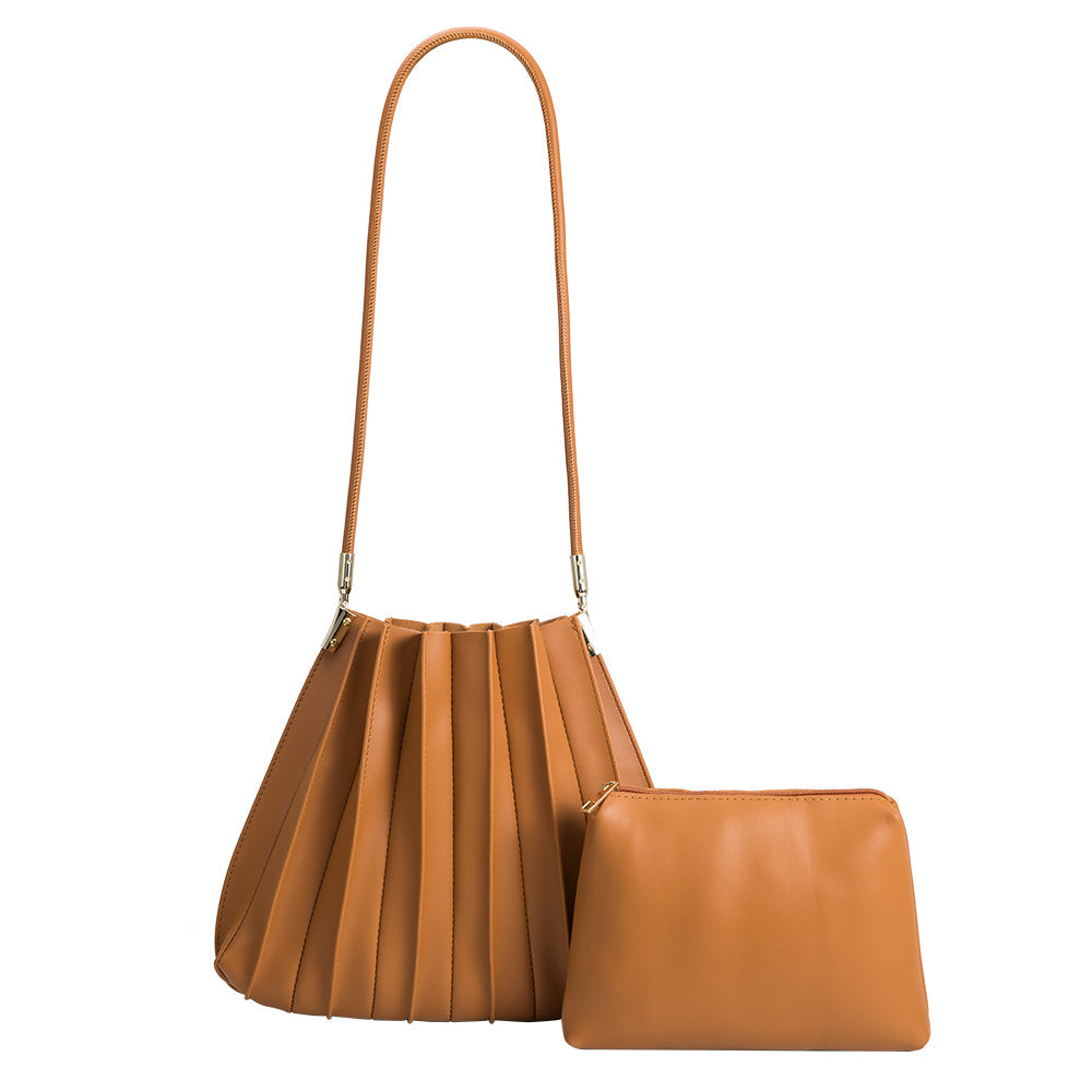 Melie Bianco Tan Carrie Medium Vegan Leather Pleated Shoulder Bag