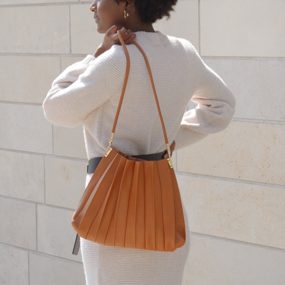 Melie Bianco Tan Carrie Medium Vegan Leather Pleated Shoulder Bag