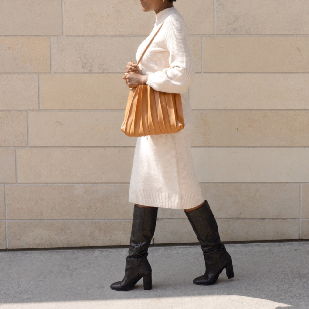 Melie Bianco Tan Carrie Medium Vegan Leather Pleated Shoulder Bag
