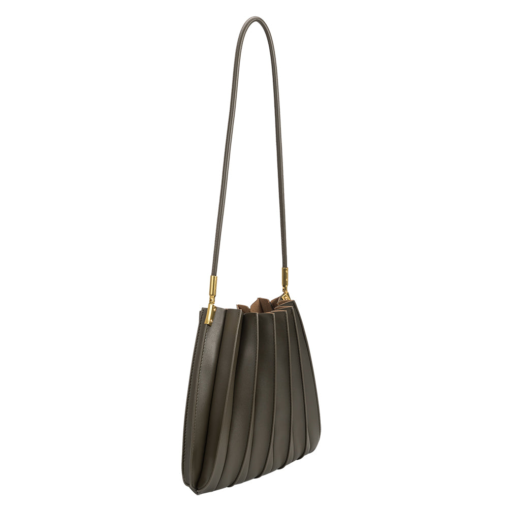 Melie Bianco Olive Carrie Medium Vegan Leather Pleated Shoulder Bag