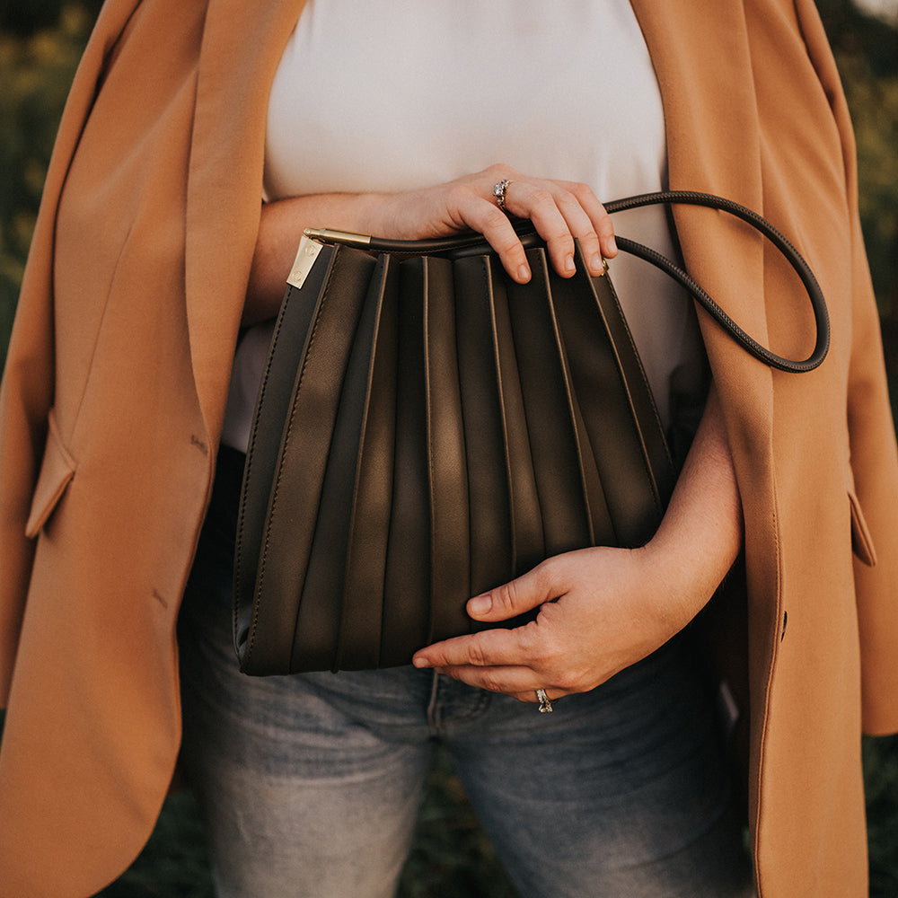 Melie Bianco Olive Carrie Medium Vegan Leather Pleated Shoulder Bag