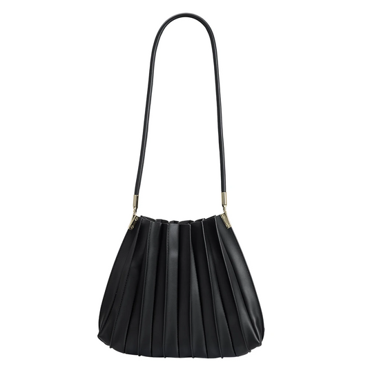 Melie Bianco Black Carrie Medium Vegan Leather Pleated Shoulder Bag
