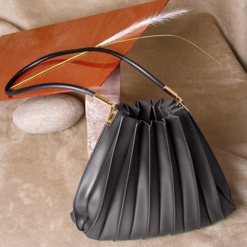 Melie Bianco Black Carrie Medium Vegan Leather Pleated Shoulder Bag