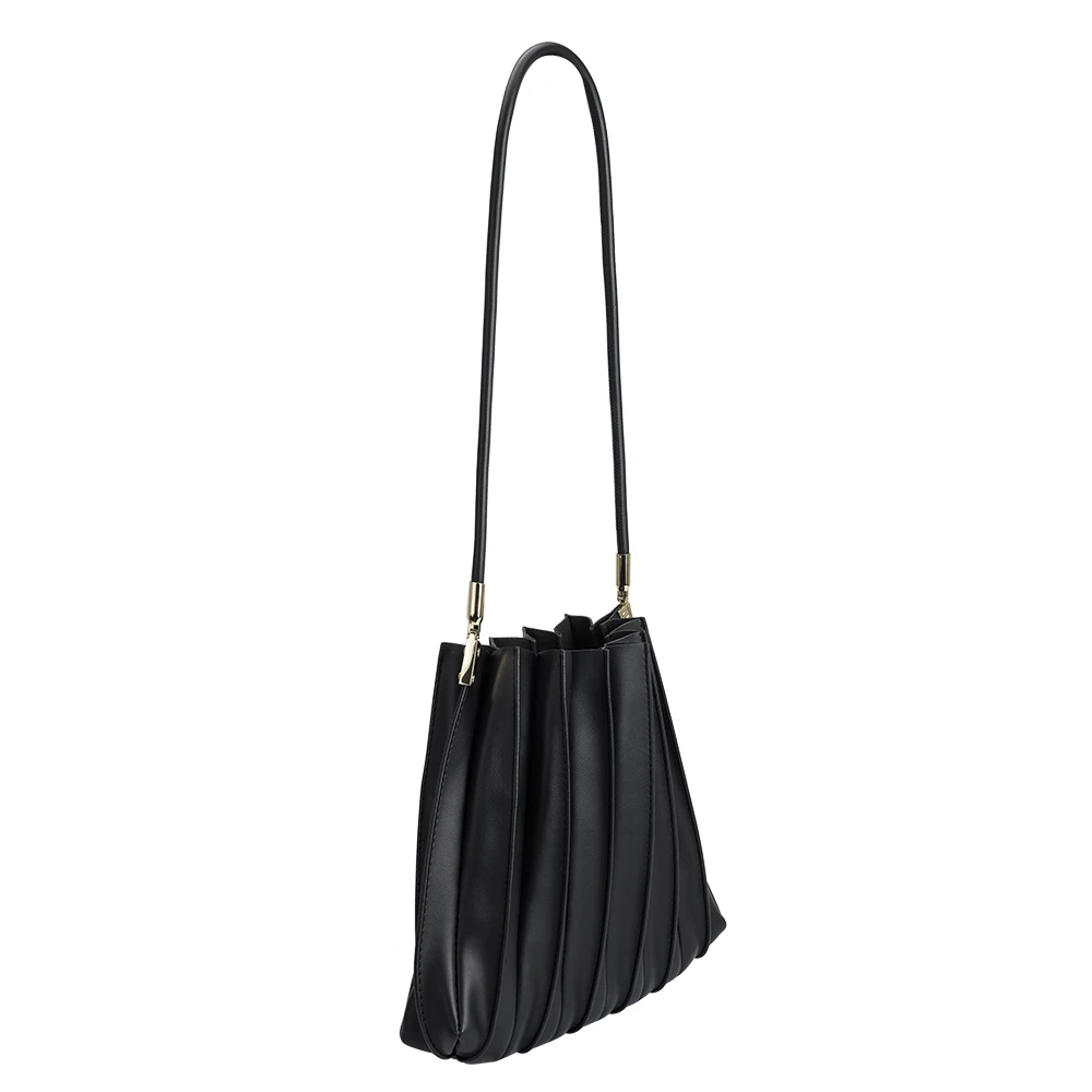 Melie Bianco Black Carrie Medium Vegan Leather Pleated Shoulder Bag