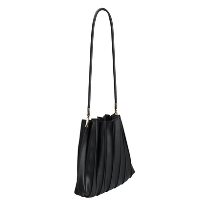 Melie Bianco Black Carrie Medium Vegan Leather Pleated Shoulder Bag