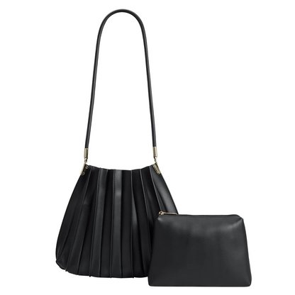 Melie Bianco Black Carrie Medium Vegan Leather Pleated Shoulder Bag